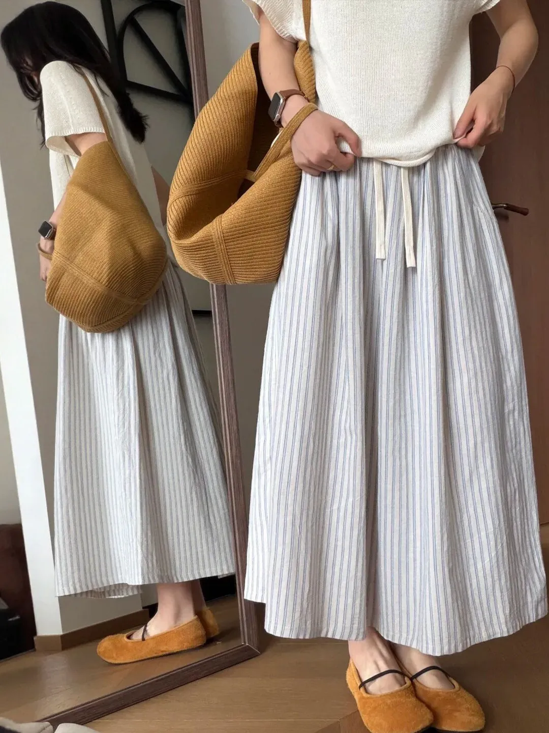 

Summer Design Large Size Women's Midi Skirt with Drawstring Elastic Waist Stripe Pattern Korean Style Casual A-Line Skirt