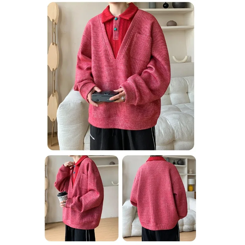 メンズ-春と秋-アウトドア-ゴルフ-スポーツ-ゆったりとした快適な万能襟付きトップ-ファッション-トレンド-フェイクツーピース-セーター