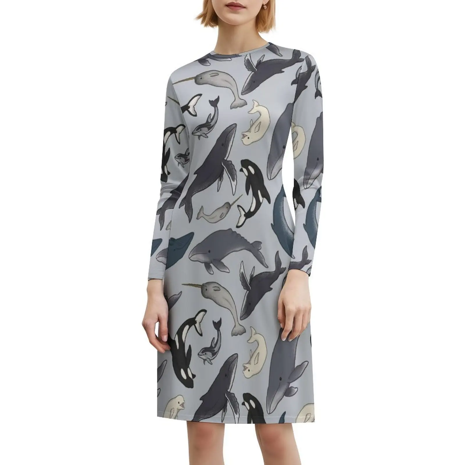 الحيتان نمط Preppy فستان قصير للنساء ألف خط فضفاض صالح فستان يوم غير رسمي الحيتان الحوت دولفين الحumpback Sei Orca ملابس امرأة #6