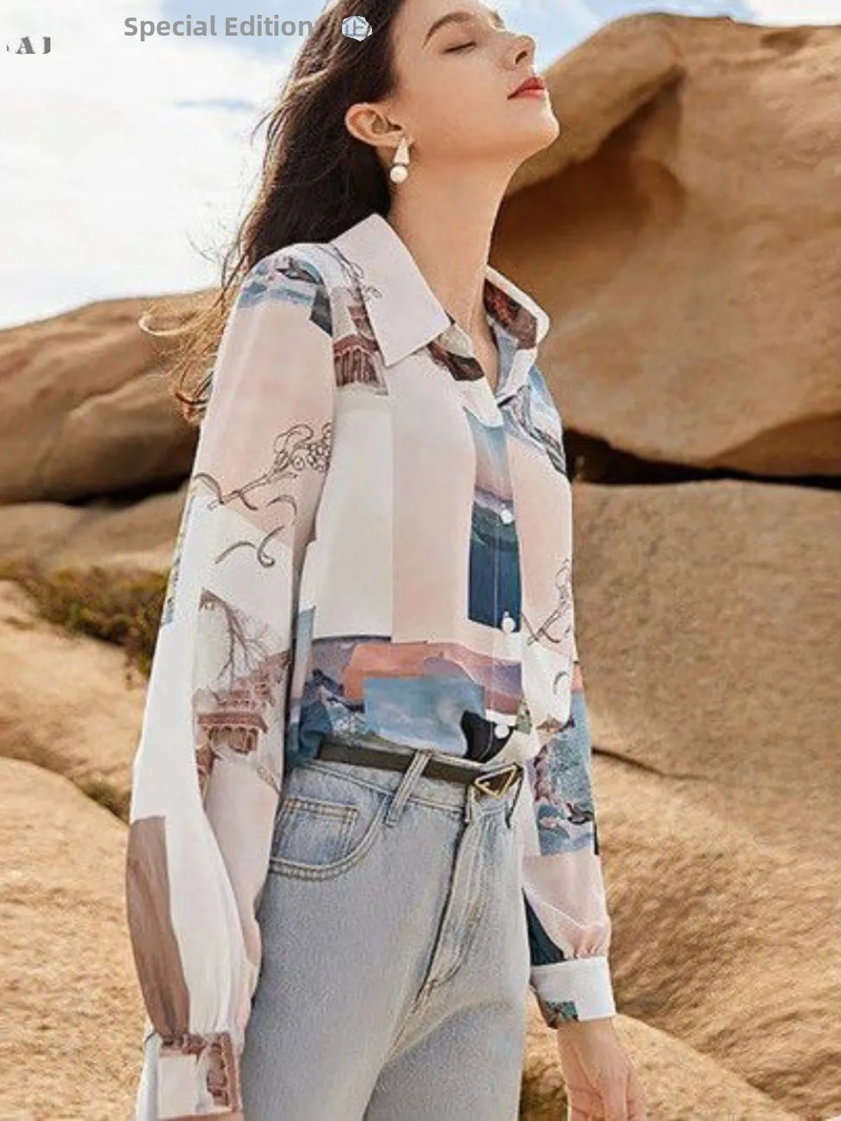 

Korean Sle Long Sve irt Women's New Retro Hong Kong Flavor Lady's irt Spring Autumn Loose Hot S Meat Covering Design