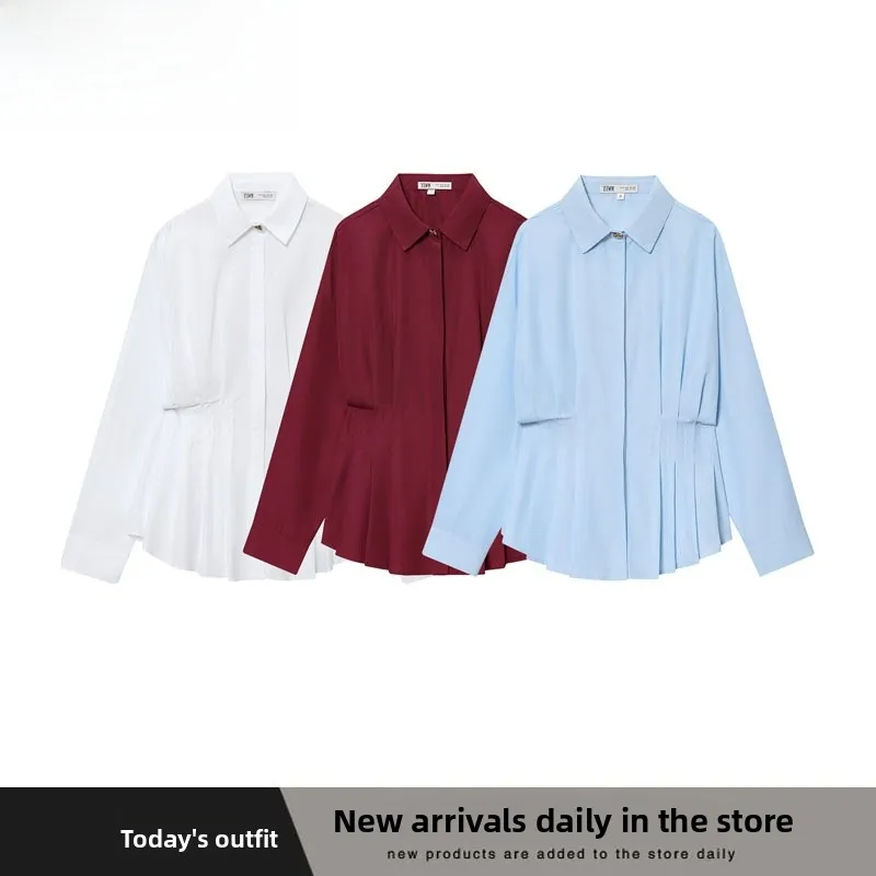 Faionable Versatile Pleated Silk irt Women's Autumn Winter New Arrival Simple Design Polyester Fiber Long Sve irt