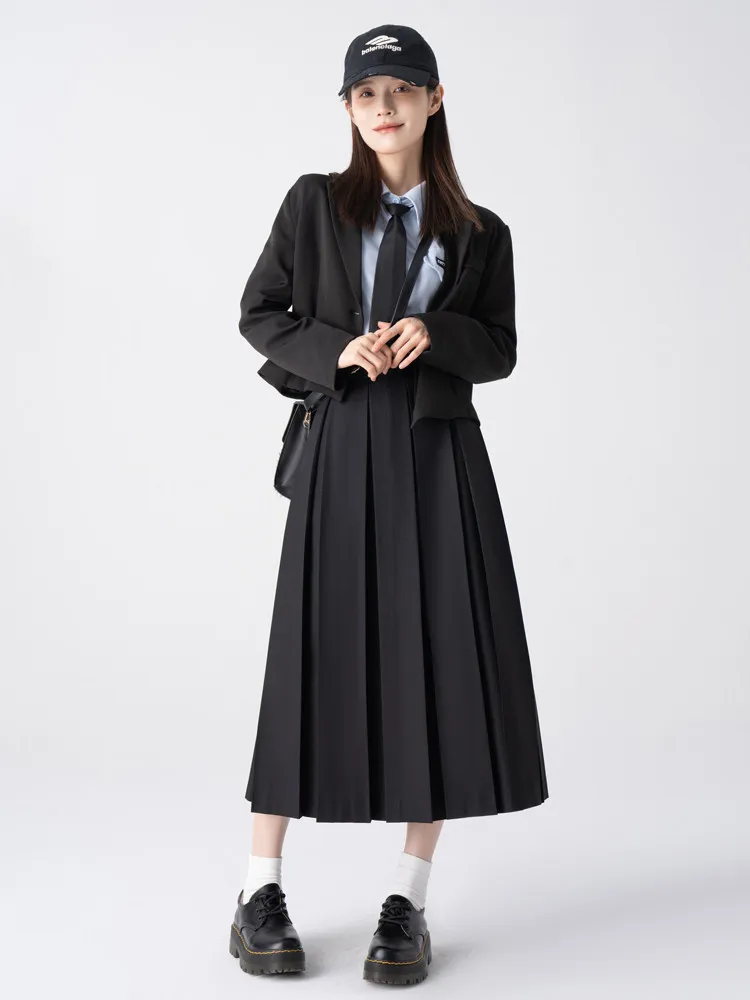 College StylejkLong pleated skirt, high-waisted, slimming, suitable for petite figuresaA-line skirt, umbrella skirt for womenjkS