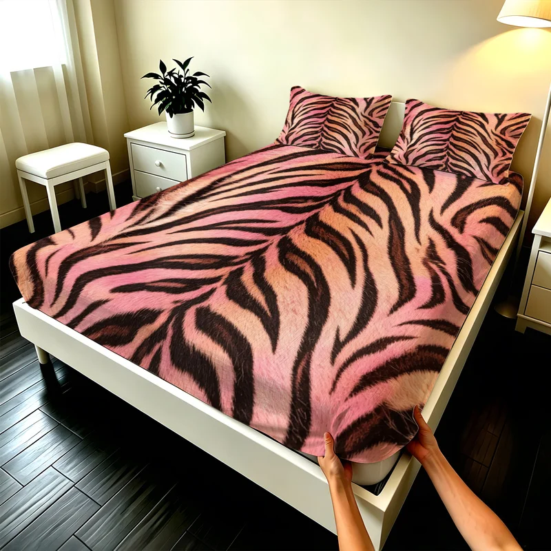3Pcs Polyester Fitted Sheet Set,Deep Pocket,Durable,Bold Tiger Stripe Design,Space,Ideal Bedroom Decor,Tiger Fur Stripe Motif
