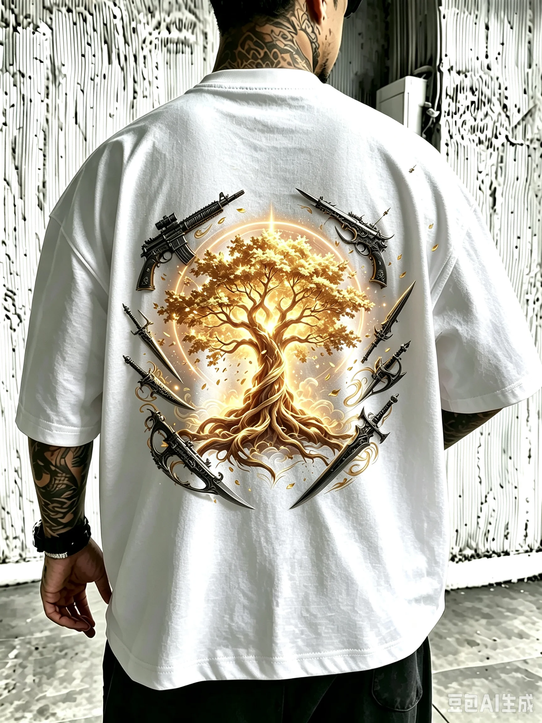 Oversized Unisex Casual T-Shirt For Men & Women, Glowing Golden Tree Of Life Surrounded By Swords And Guns Back Print Tee, Fantasy Medieval Aesthetic Streetwear Cotton Short Sleeve Tops