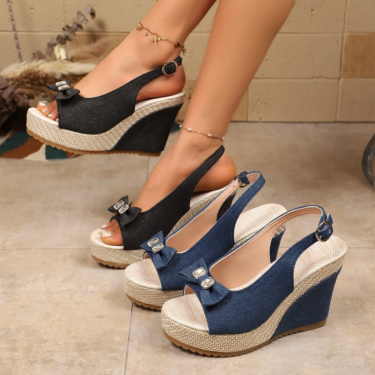 Sandalias de cuña para mujer con punta abierta, tacón alto de plataforma, aspecto de cuero, con tachuelas, estilo corcho, correa con hebilla en el tobillo, zapatos casuales de verano para exteriores
