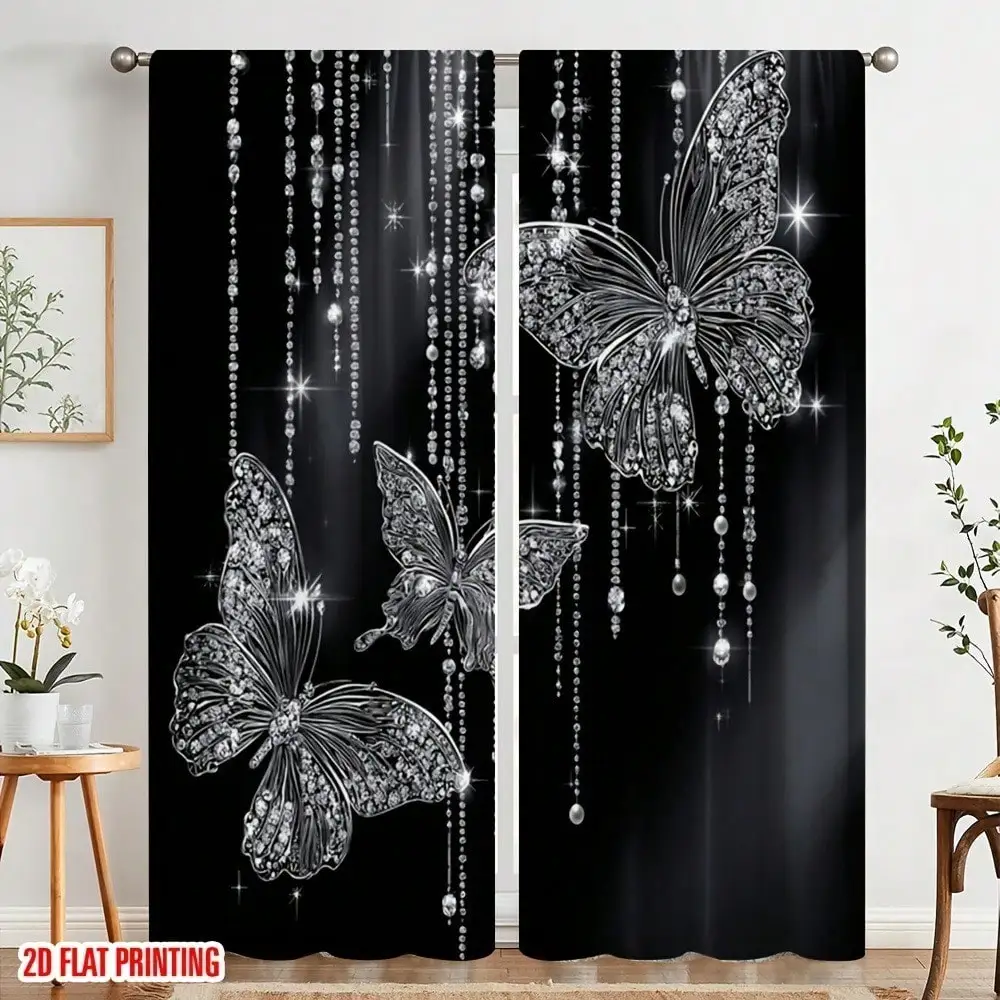 Set Of 2 Flat Printed Curtains • Featuring Diamond Butterflies • Made From 100% Polyester Fabric • Ideal For Family Gatherings