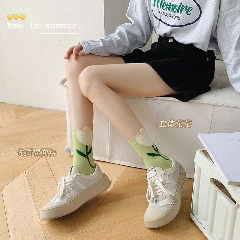 2 Pairs Of Spring Summer Women's Cotton Socks  Women's Socks Three-dimensional Flowers Tulip White Pink Solid Color Casual