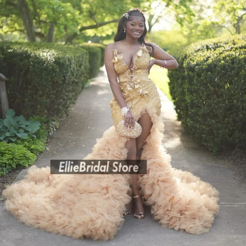 セクシーなゴールドウエディングドレス黒人女の子のための 2025 アップリケロングマーメイドパーティードレスフリルアフリカのイブニングドレスカスタマイズ