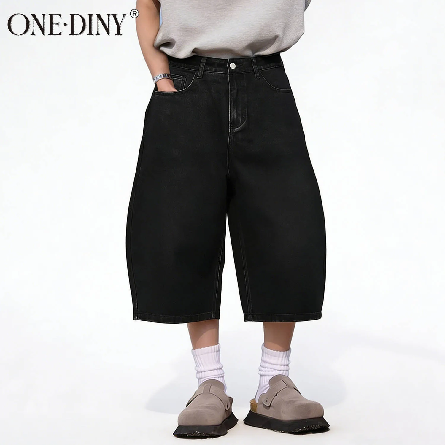 ONE·DINY American Style Retro Black Ultra Baggy Machete Wide Leg Denim Shorts Fashion Men's Women's Daily Jeans Capris Jeans