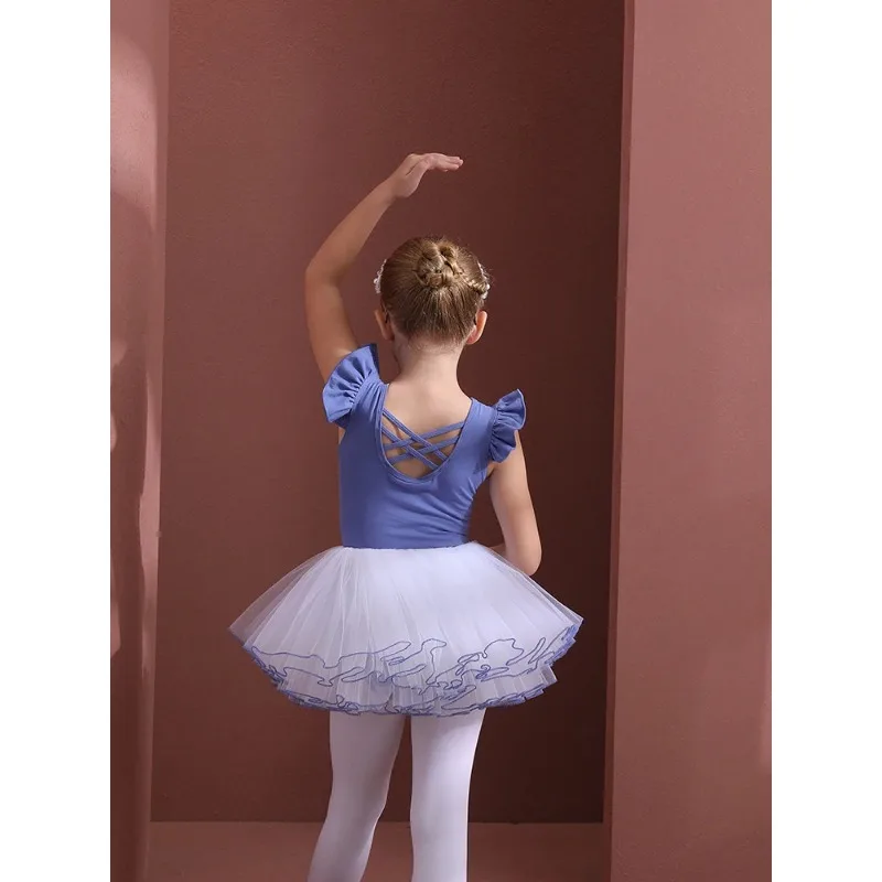 

Pure Cotton Blue Summer Dance Suit for Girls Ballet Exam One-Piece Costume Child Practice orm with Skirt by