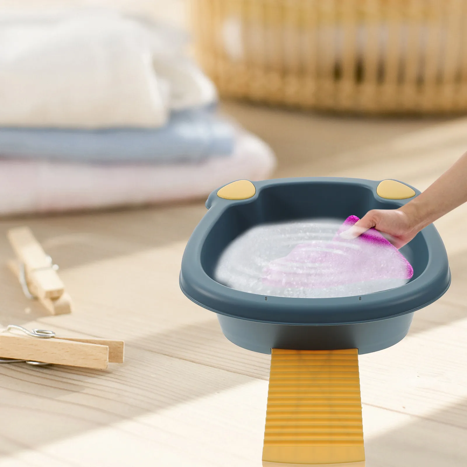 多目的ベビー洗面器-猫耳型洗面器-引き出し式洗濯板付き-プラスチック製洗面器-お風呂用-洗顔-手洗い-ベビー洗面器