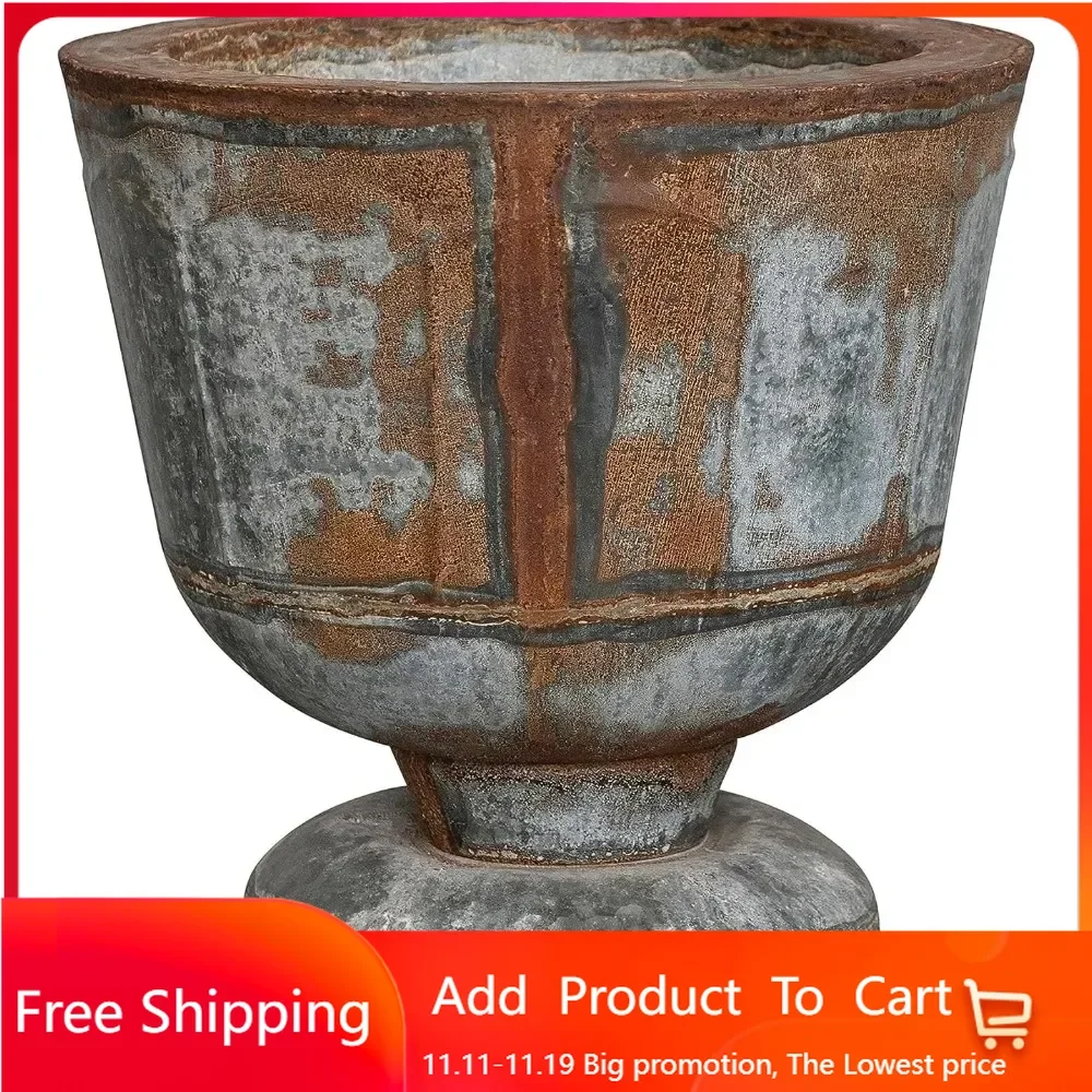 16 Inches Round Metal Footed, Holds 10 Inches Pot, Distressed Zinc Finish Planter