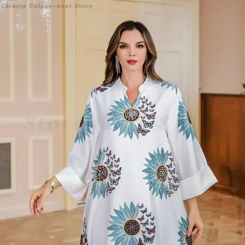 Ramadan Fashion Muslim Printed Dress Middle East Muslim Abayas Long Sleeve Robe for Women Dubai Elegant Loose Kaftans Party Gown