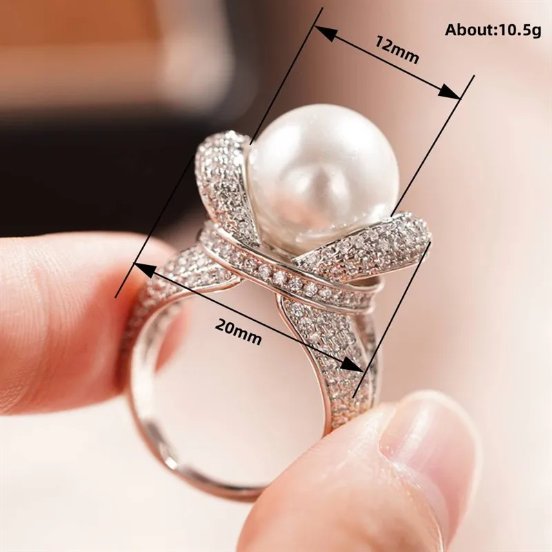 Huitan Fashion Gorgeous Simulated Pearl Ring for Women Luxury Engagement Jewelry with Brilliant Cubic Zirconia Graceful Gift