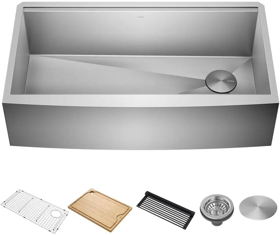 Kore Workstation 36-inch Farmhouse Flat Apron Front 16 Gauge Single Bowl Stainless Steel Kitchen Sink with Integrated Ledge