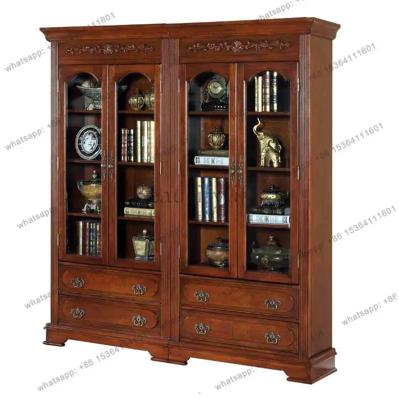 American solid wood bookcase office with glass door free combination dust locker