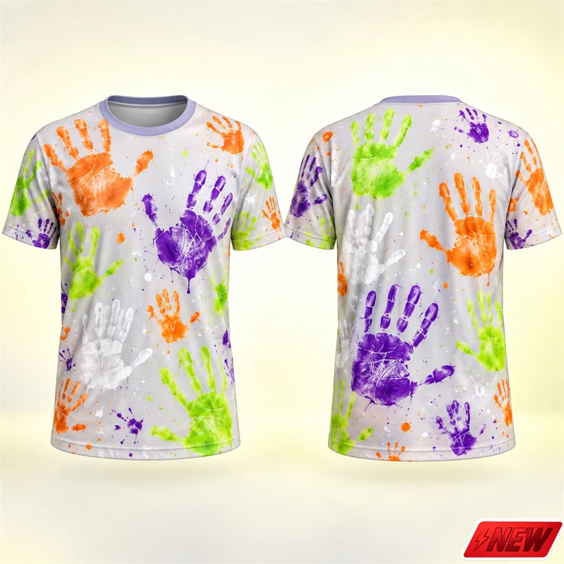 Halloween Horror Neon Handprint Graffiti Pattern T Shirt Men 3D Print Ink Splatter Paint Dots Short Sleeve Tee Casual Top Unisex