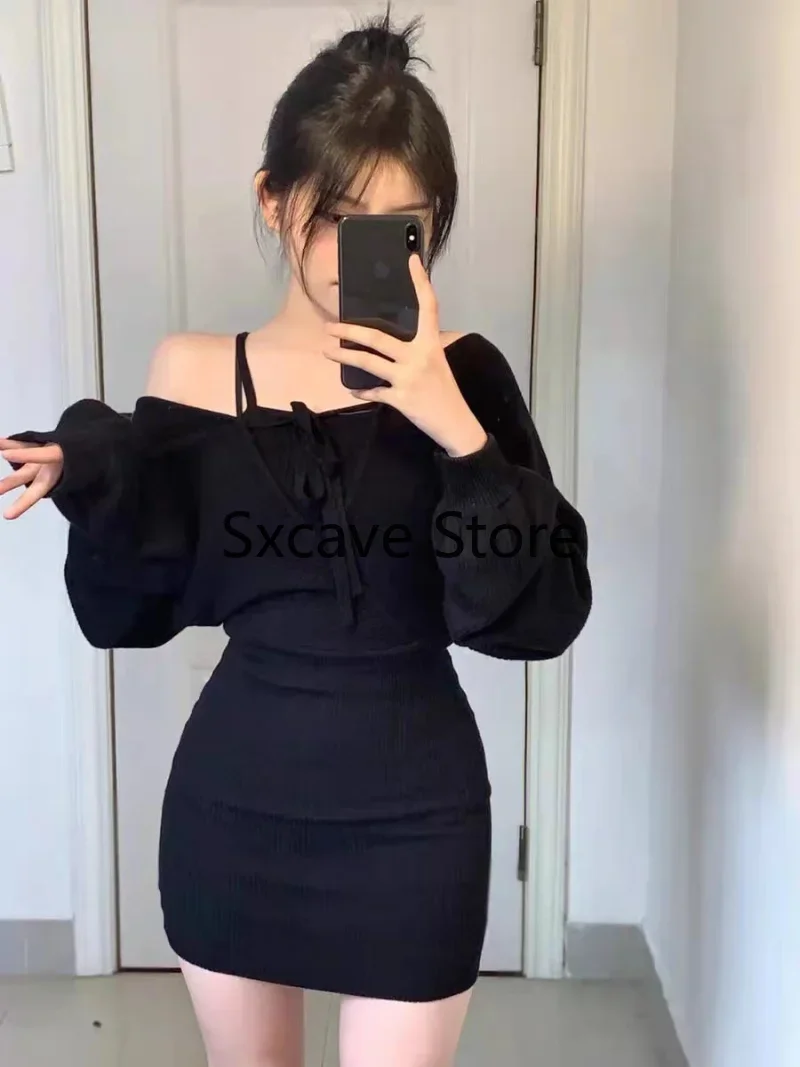 2024 Spring Casual Knitted Dress Women Long Sleeve Y2k Clothing Bodycon Black Mini Dress Office Lady Party One Piece Dress Korea