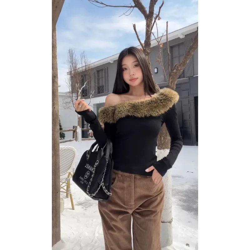 Outono e inverno design nicho peludo fino ajuste de um ombro manga comprida moda viajando bottoming topo