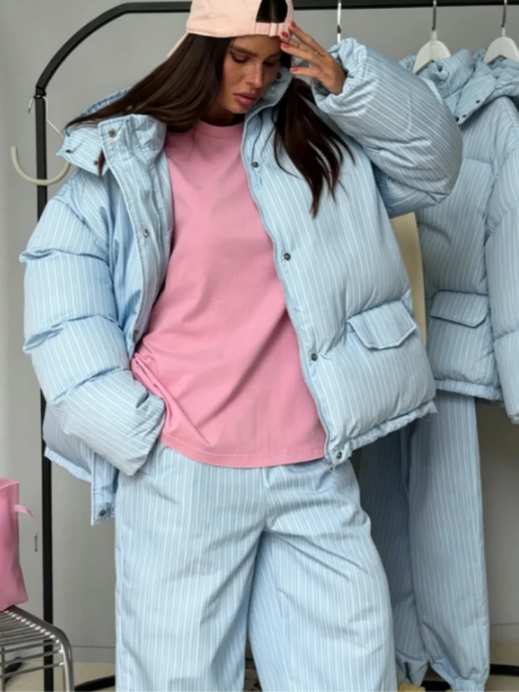 Women Vertical Stripe Warm Puffer Two Piece Set Hood Zip Up Cropped Coat Loose Wide Leg Pants Casual Winter Street Daily Wear