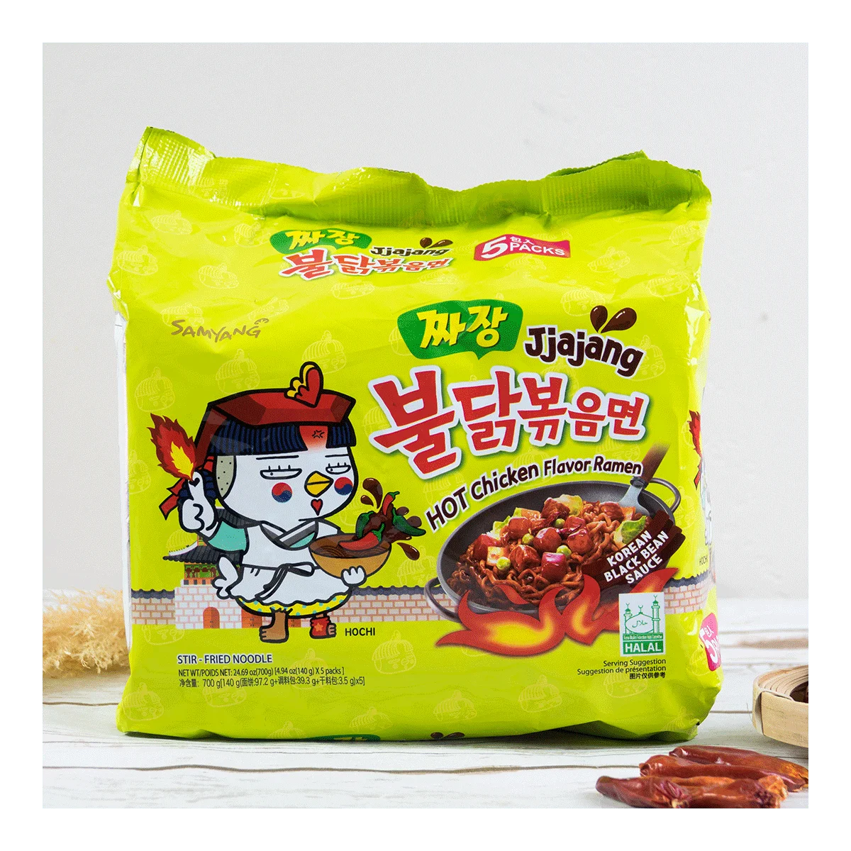 [4Packs 20 Stuks] Samyang Buldak Noedels Jjajang Hete Kip Smaak Roergebakken Ramen-4.76Oz * 5 Stuks * 4 Verpakkingen, Instant Noedels, E