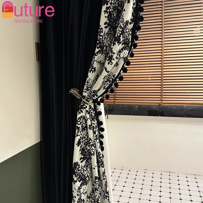 

Cashmere Cloth Black Jacquard Stitching Thickened Blackout Curtains for Living Room Bedroom Balcony French Window Customized