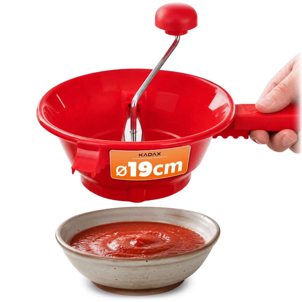 KADAX Plastic Groente- en Fruitpuree, Handmatige Puree Pers met Zeef, Rode Zeef voor Sauzen 19cm 1 Stuk