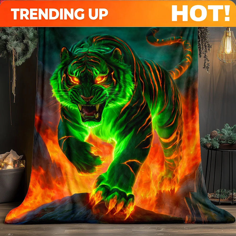 Customize 1pc Green Tiger In Flames HD 2D Flat Printed Blanket. Soft and Warm Flannel Blankets for Travel, Camping, Sofa, Living