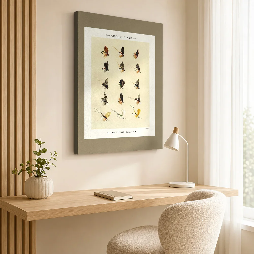 Trout Fishing Flies Chart Wood Framed Canvas Poster Customized Photo, Vintage Illustrated Reference Wall Art For Living Room