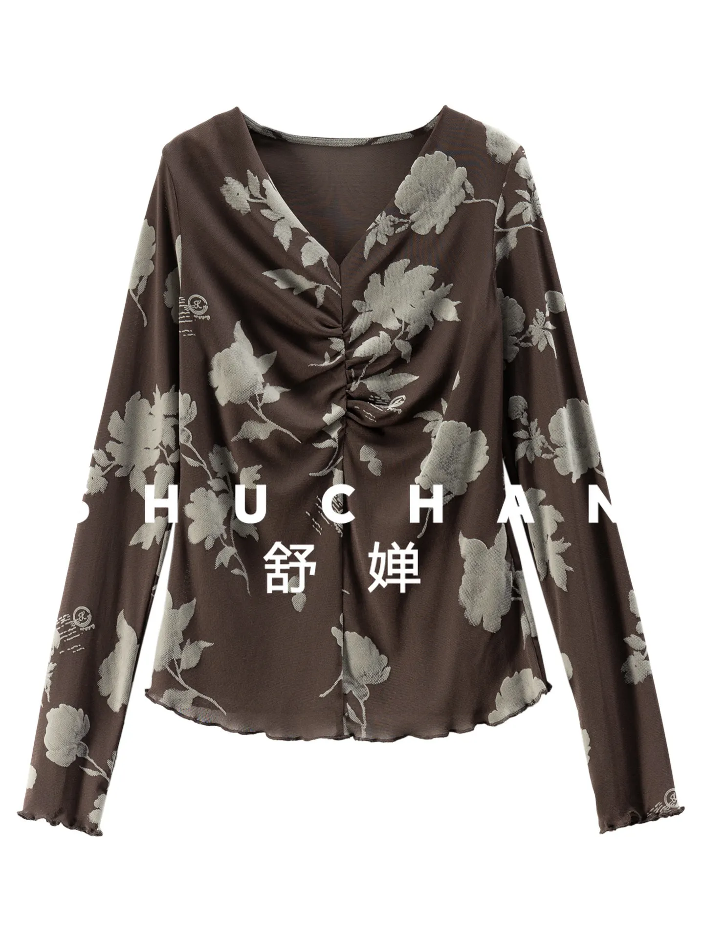 

Женская футболка с длинным рукавом, ретро-стиль, мягкая, эластичная, с сетчатым жаккардовым узором, V-образным вырезом и плиссировкой, 24K6