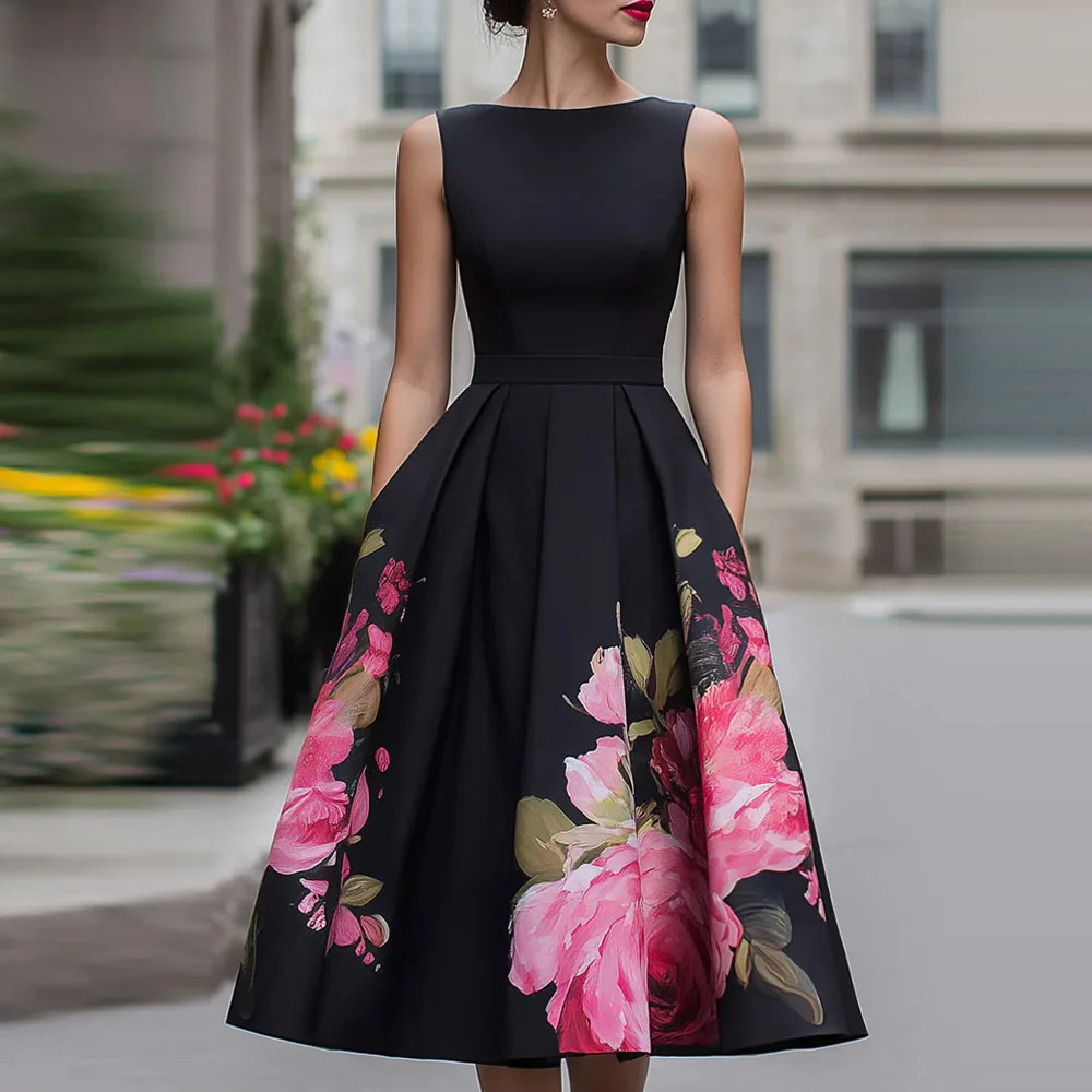 Robe midi sans manches à motif floral intégral pour femme, taille froncée, légère et fluide, idéale pour les vacances de printemps et les occasions décontractées