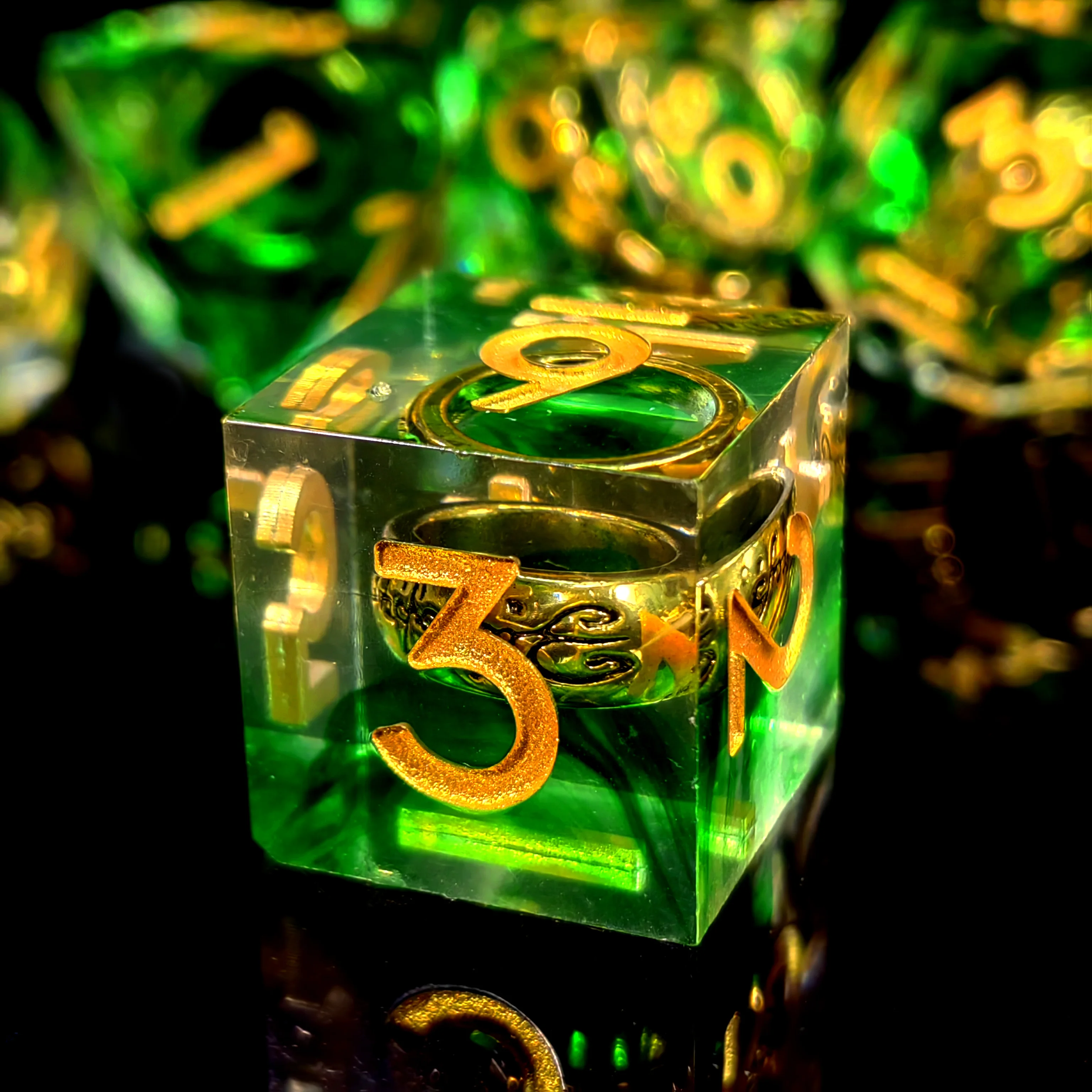 DnD Resin Dice Set - 7-Piece Polyhedral Dice with Built-in Ring, Green Base with Gold Numbers, for Dungeons & Dragons and Tablet