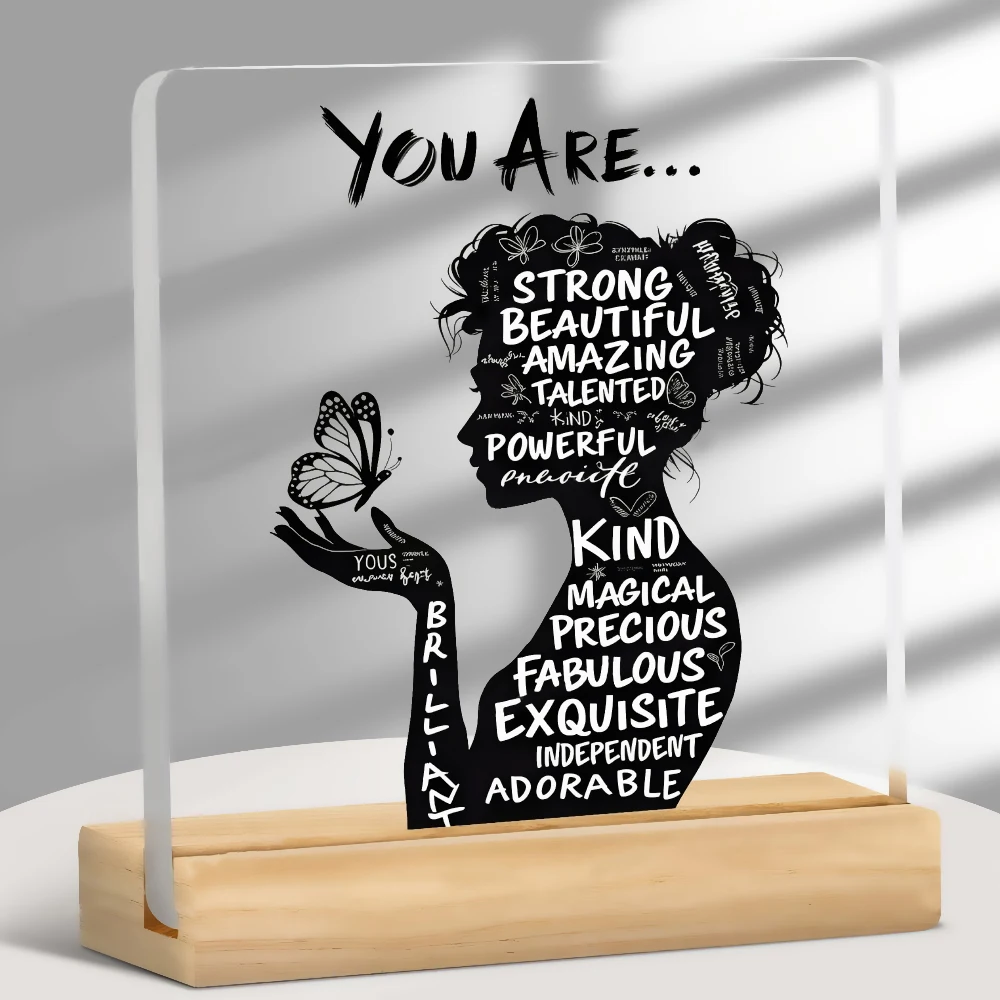 Eres una hermosa placa acrílica fuerte | Decoración inspiradora de afirmación positiva, letrero de escritorio con silueta de mariposa para el hogar