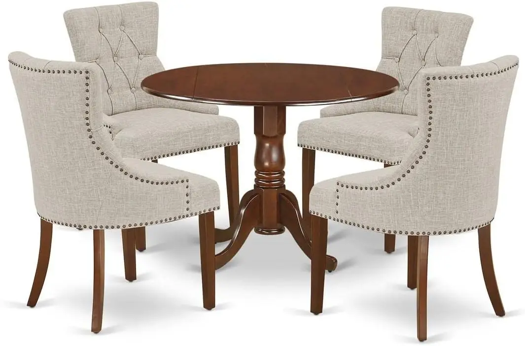 5 Piece Dinette Set for 4 Includes a Round Room Table with Dropleaf and 4 Doeskin Linen Fabric Parson Dining Chairs, 42x42 Inch