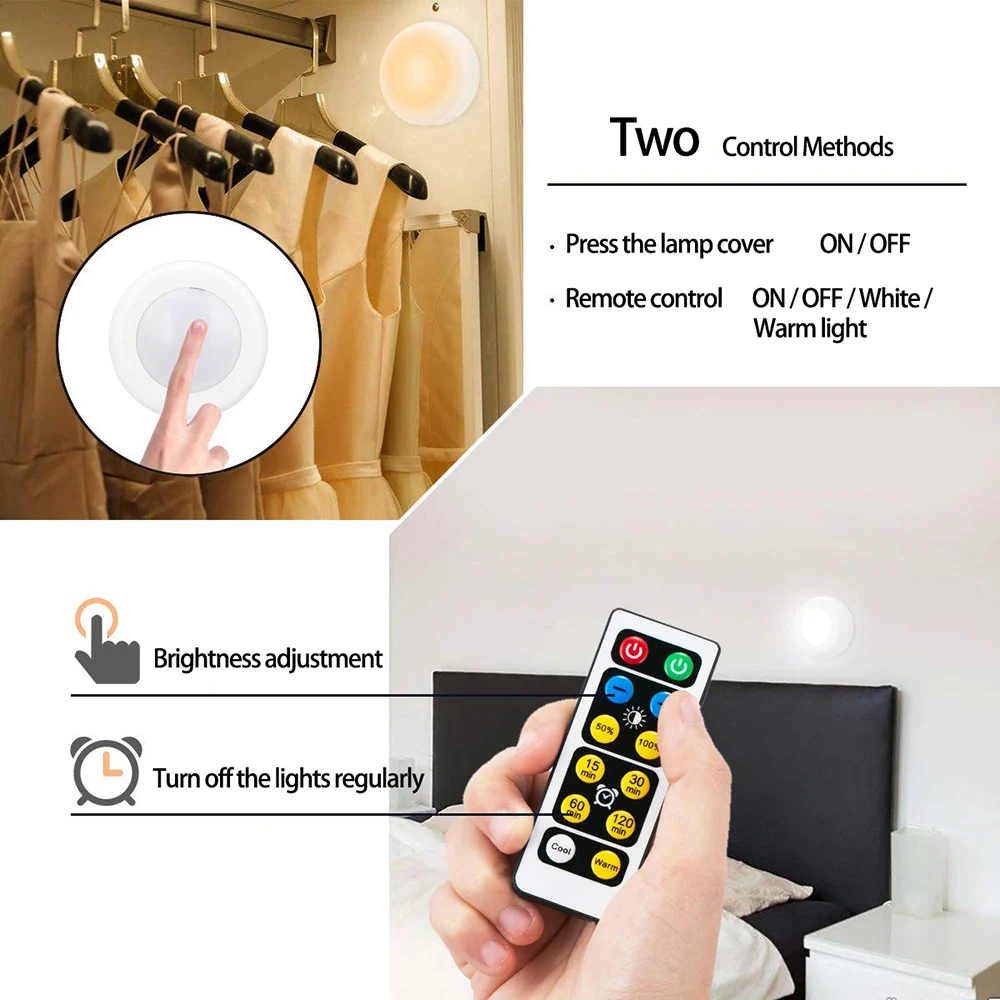 Remote Control Touch Sensor LED Under Cabinets lights Warm white/White LED Puck Lights For Kitchen Close Wardrobe Stair Hallway