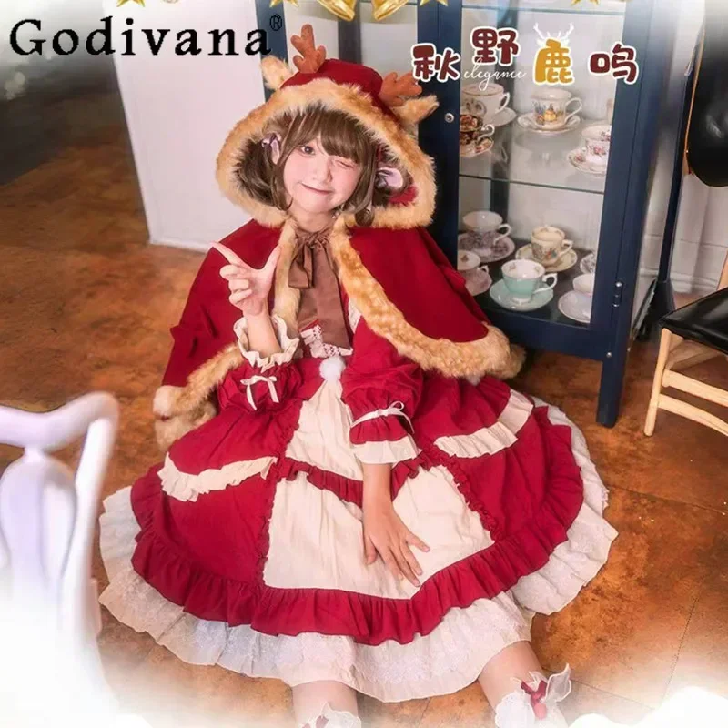 

Christmas Original Girly Sweet Kawaii Lolita Plush Hooded Capes Jacket Coats Women Autumn and Winter Warm Thickened Red Ponchos