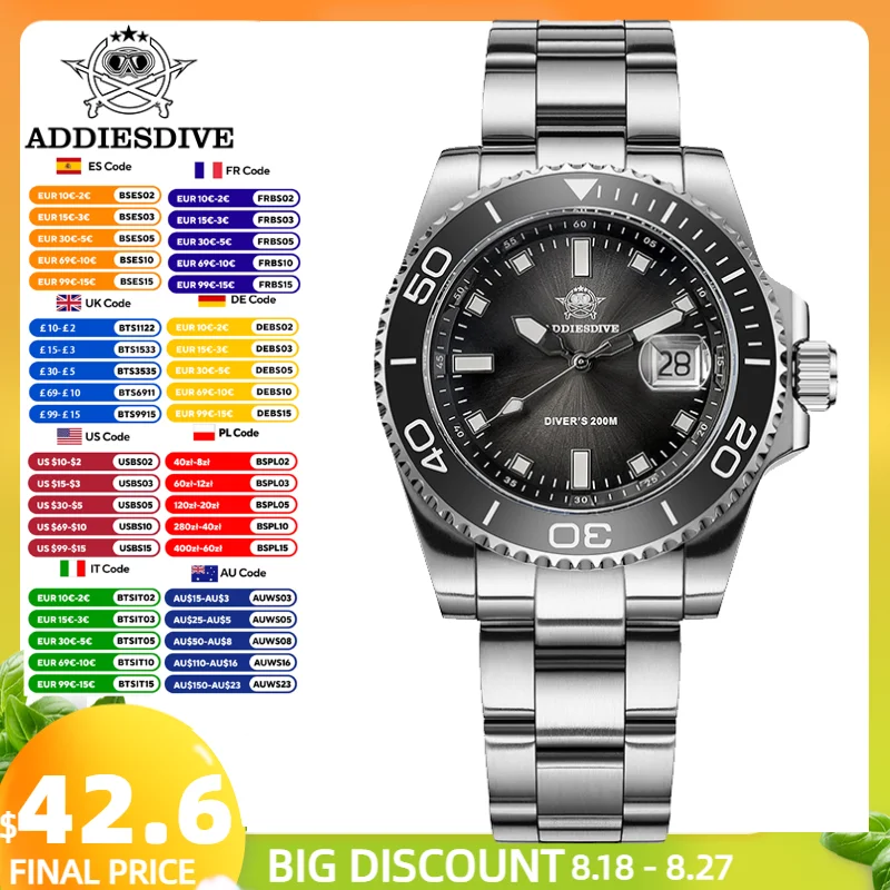 

ADDIESDIVE Men Watch New Diving 200m Waterproof Luxury 41mm Quartz Wristwatch Stainless Steel Luminous Ceramic Bezel Dive Watch
