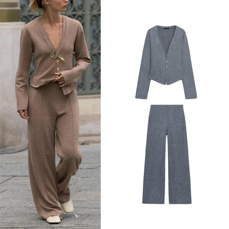 

Женский модный комплект: приталенный жакет с длинными рукавами на пуговицах и V-образным вырезом, брюки с высокой талией и широкими штанинами на резинке, повседневный стиль, осень