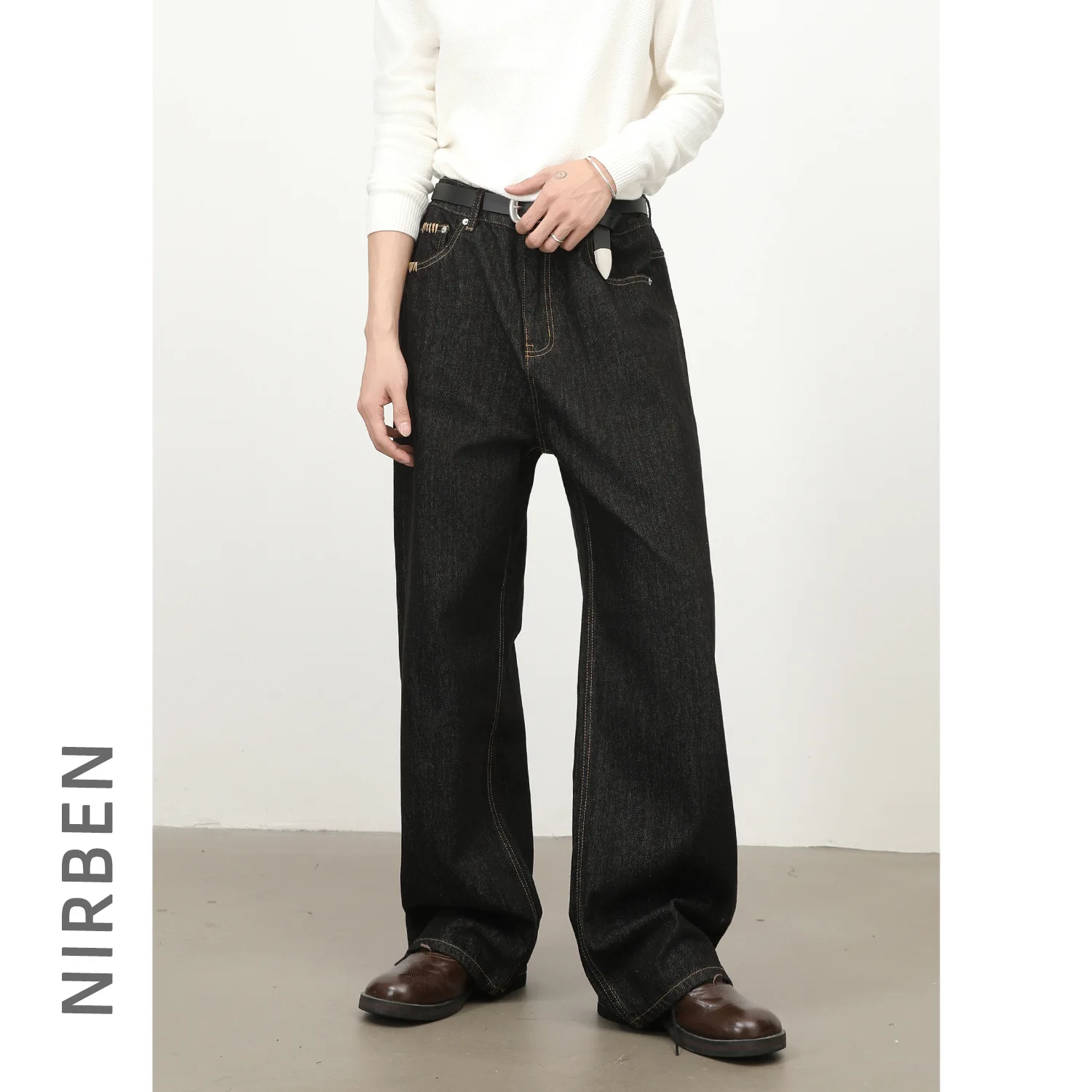 Denim Retro Primary Color Jeans Men's Pockets Embroidered Loose Straight Trousers
