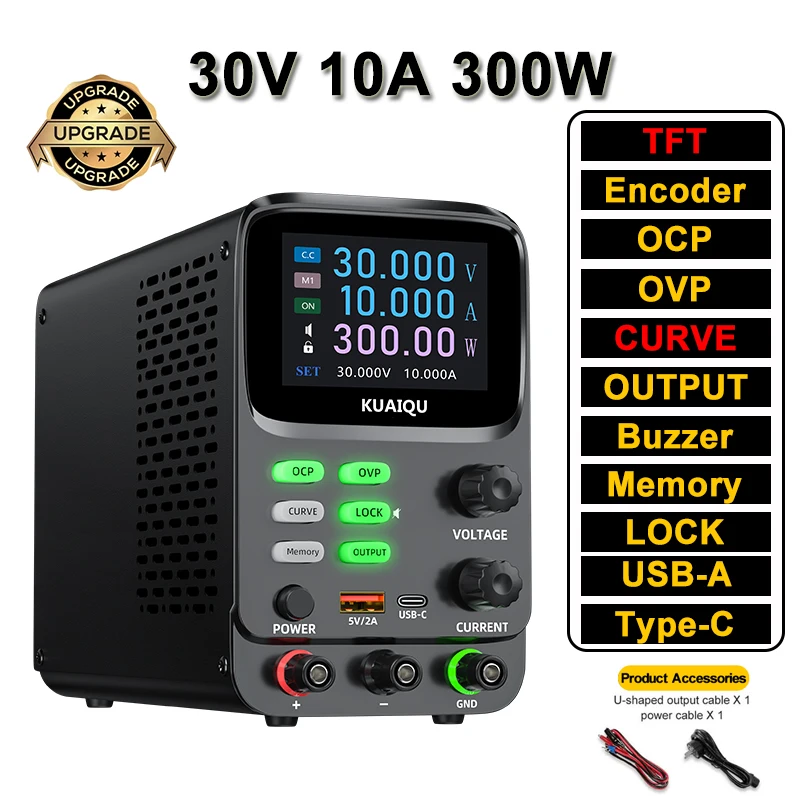 

TFT 5-Dightgh Настольный источник питания с низкой пульсацией CURVE Дисплей 4-Memory OVP OCP LOCK ВЫХОД Зуммер Источник короткого замыкания Сигнализация USB-A