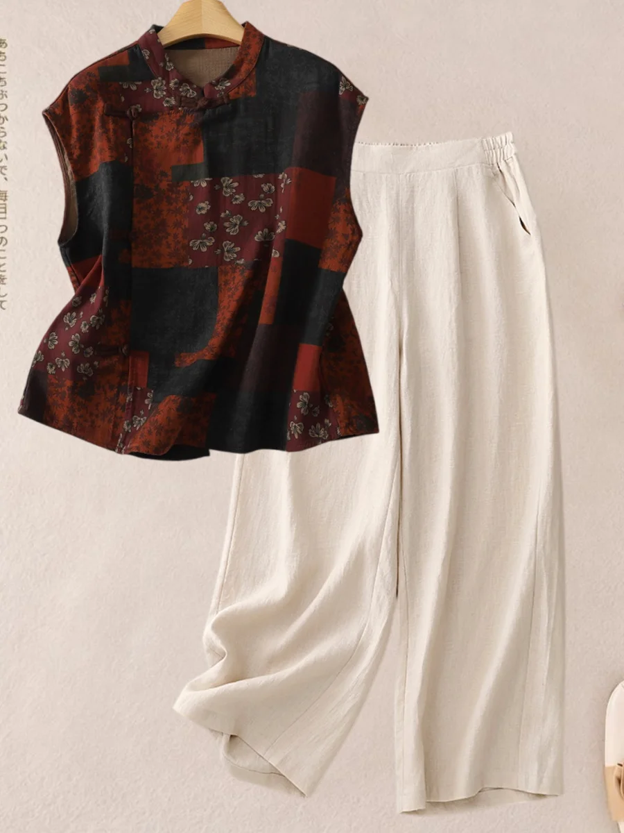 High-End New Chinese Style Cotton Linen Women's Casual Pants Two-Piece Set for Middle-Aged And Elderly Mothers Slimming Top