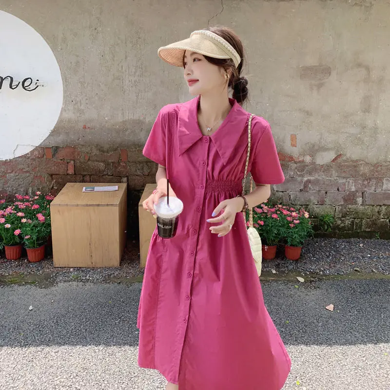 

2024 Summer New Fashion Solid Color Dress Shirt Collar Short Sleeve Elegant Casual Open Front Loose Dress Women's L426