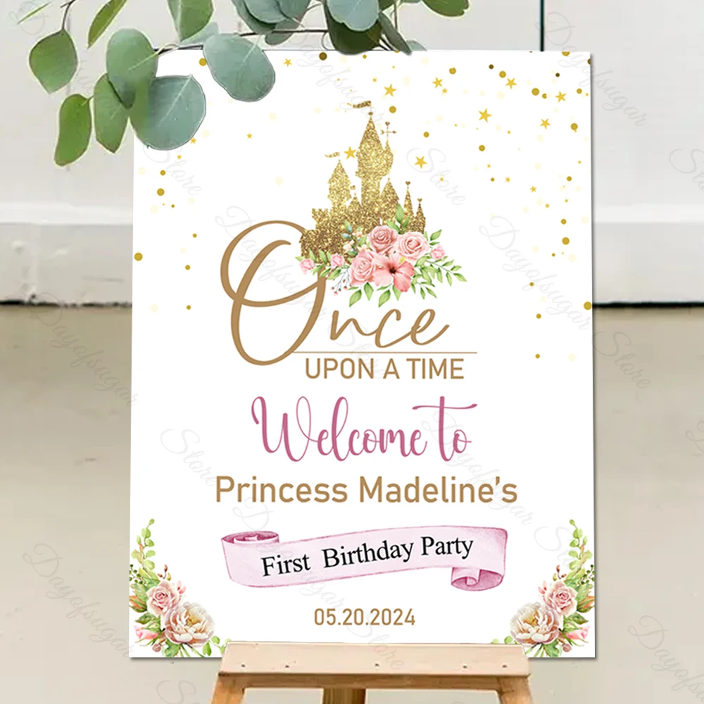 Once Upon A Time Baby Shower Welcome Sign Board Flowers Gold Castle Princess Custom Welcome Sign for Birthday Party Decor Supply