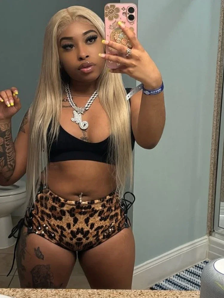 

Woman Clothing 2025 Sequins Shorts Chic Low Waist Lace-up Leopard Print Skinny Shorts Ladies Bandage Super-short Pants Clubwear