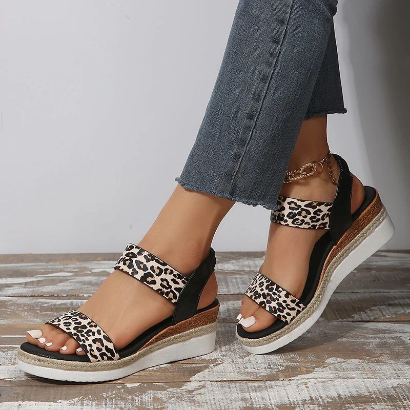 Leopard Print Wedge Heel Sandals Women Summer Light Non Slip Gladiator Sandalias Woman Plus Size Fashion Platform Sandles Mujer