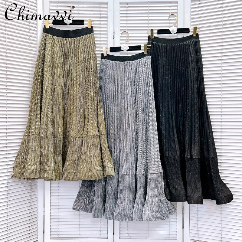 

French Elegant High-End Bling Pleated Skirts Elastic High Waist A-Line Versatile Casual Temperament Long Skirt Women Summer 2025
