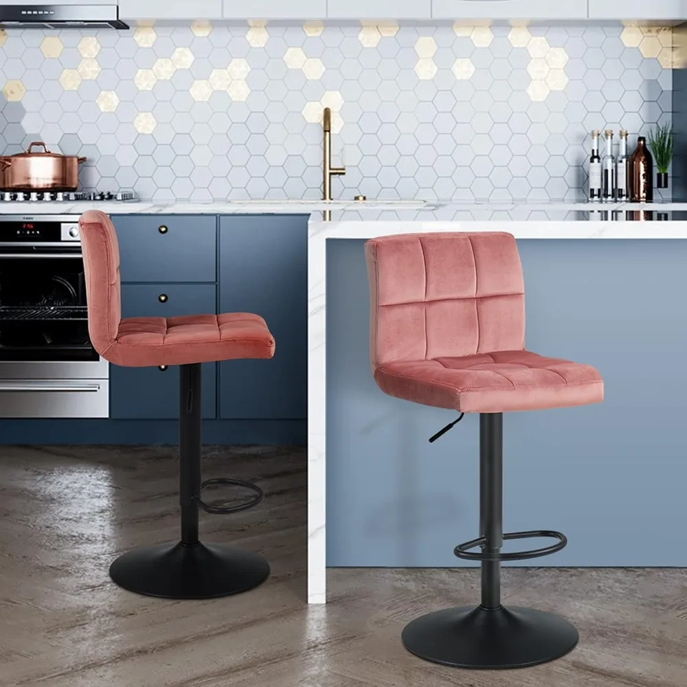 Bar Stools Set of 2,Modern Square Velvet Adjustable BarStools Counter Height Stools Bar Chairs 360° Swivel Stool Pink