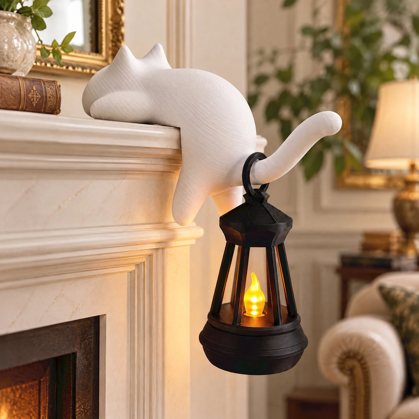 3D Printed Cat Figurine Lamp with Hanging Retro Lantern Warm LED Night Light Cute Animal Decor for Shelf Desktop Home Office Cat