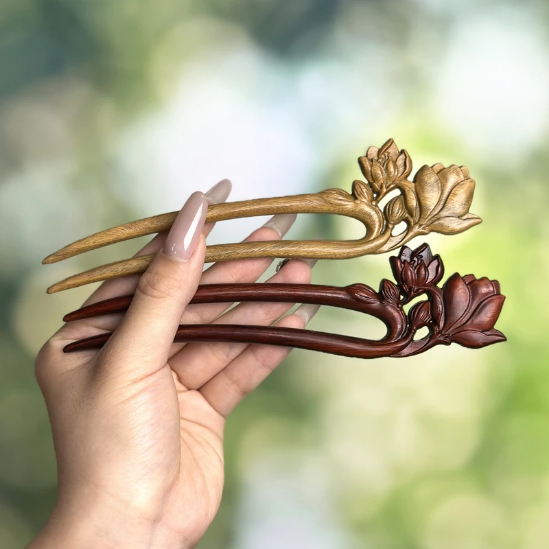 Original Yutang Spring Antique New Chinese Magnolia U-Shaped Hair Hairpin Green Sandalwood Hairpin Rosewood Hairpin Female