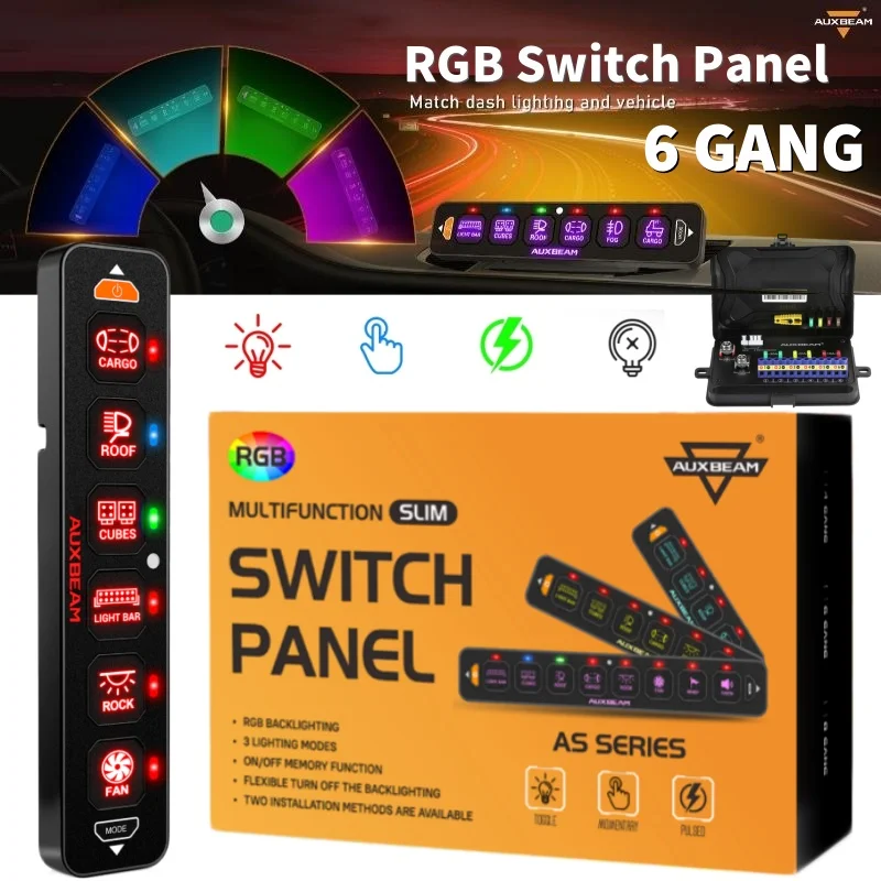 

AS Series 6 Gang Slim Switch Panel DC 12-24V RGB Switch Relay System One-Sided Outlet Control Switches For Car Truck ATV UTV